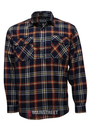 The Milton Closed Front Flannelette Shirt features a button-up design, long sleeves, and a navy, red, white, and yellow plaid pattern. Made from quality cotton with two buttoned chest pockets and "MILTON" on the collar label.