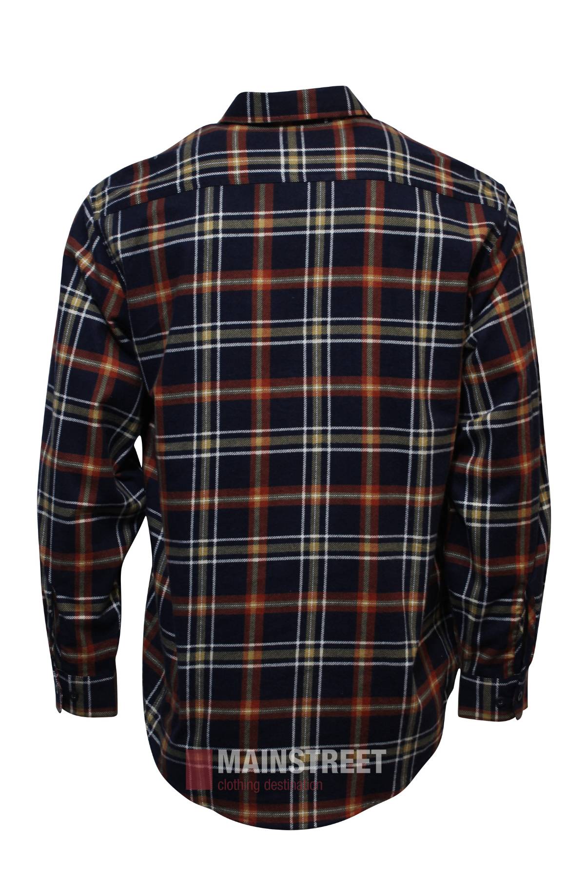The Milton Closed Front Flannelette Shirt is shown from the back in navy, red, and white plaid. Made from high-quality cotton, it features long sleeves, buttoned cuffs, and a curved hem for classic comfort.