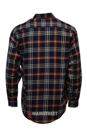 The Milton Closed Front Flannelette Shirt is shown from the back in navy, red, and white plaid. Made from high-quality cotton, it features long sleeves, buttoned cuffs, and a curved hem for classic comfort.