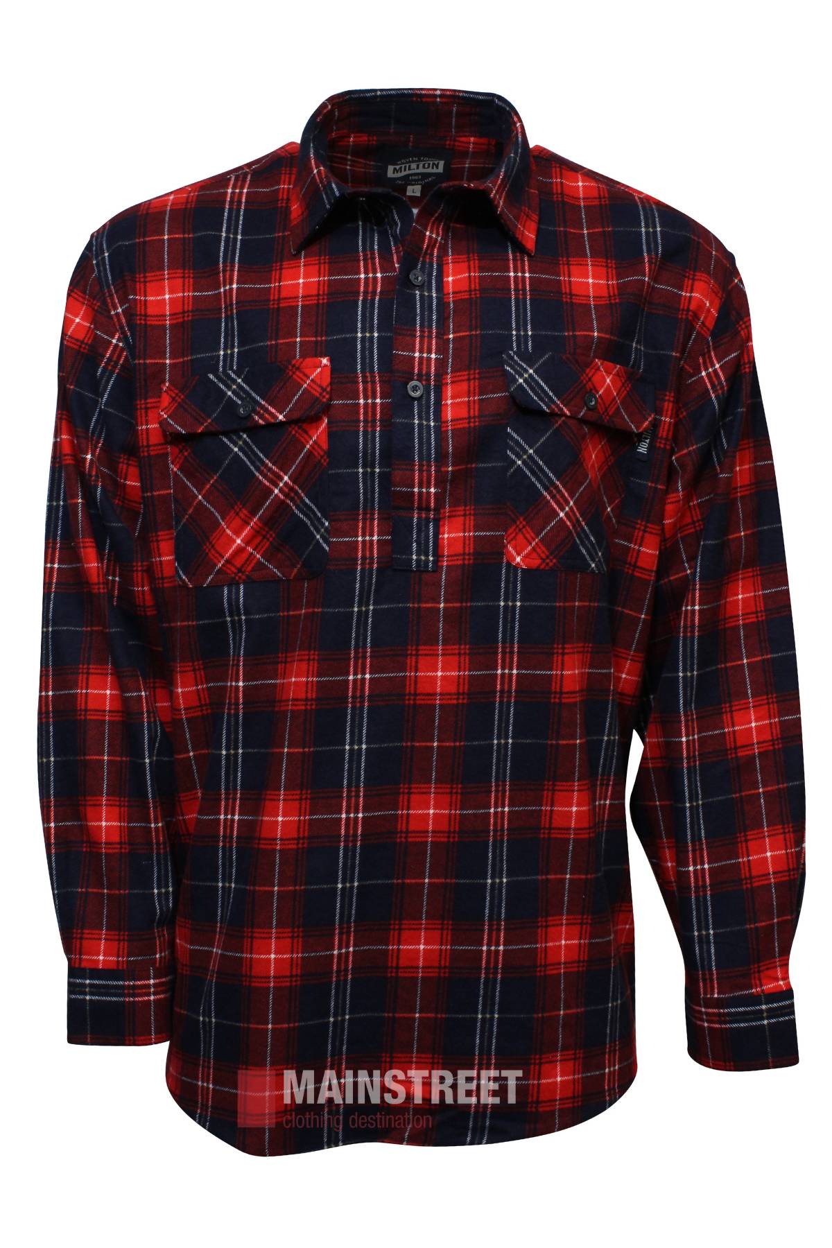 The Milton Closed Front Flannelette Shirt features a red and navy design, long sleeves, double pockets, closed front placket, and classic collar. Made from quality cotton for a relaxed fit and everyday comfort.