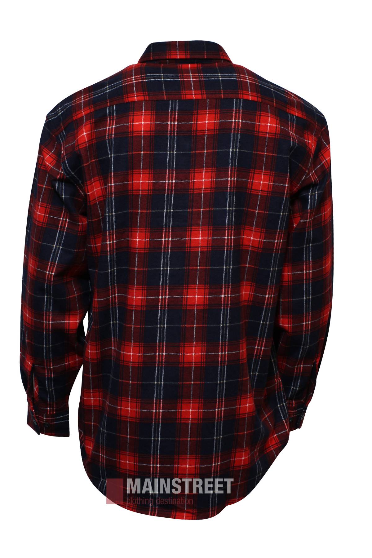 The Milton Closed Front Flannelette Shirt is a long-sleeve, button-up shirt made from high-quality cotton with a red, black, and white plaid pattern, shown from the back.