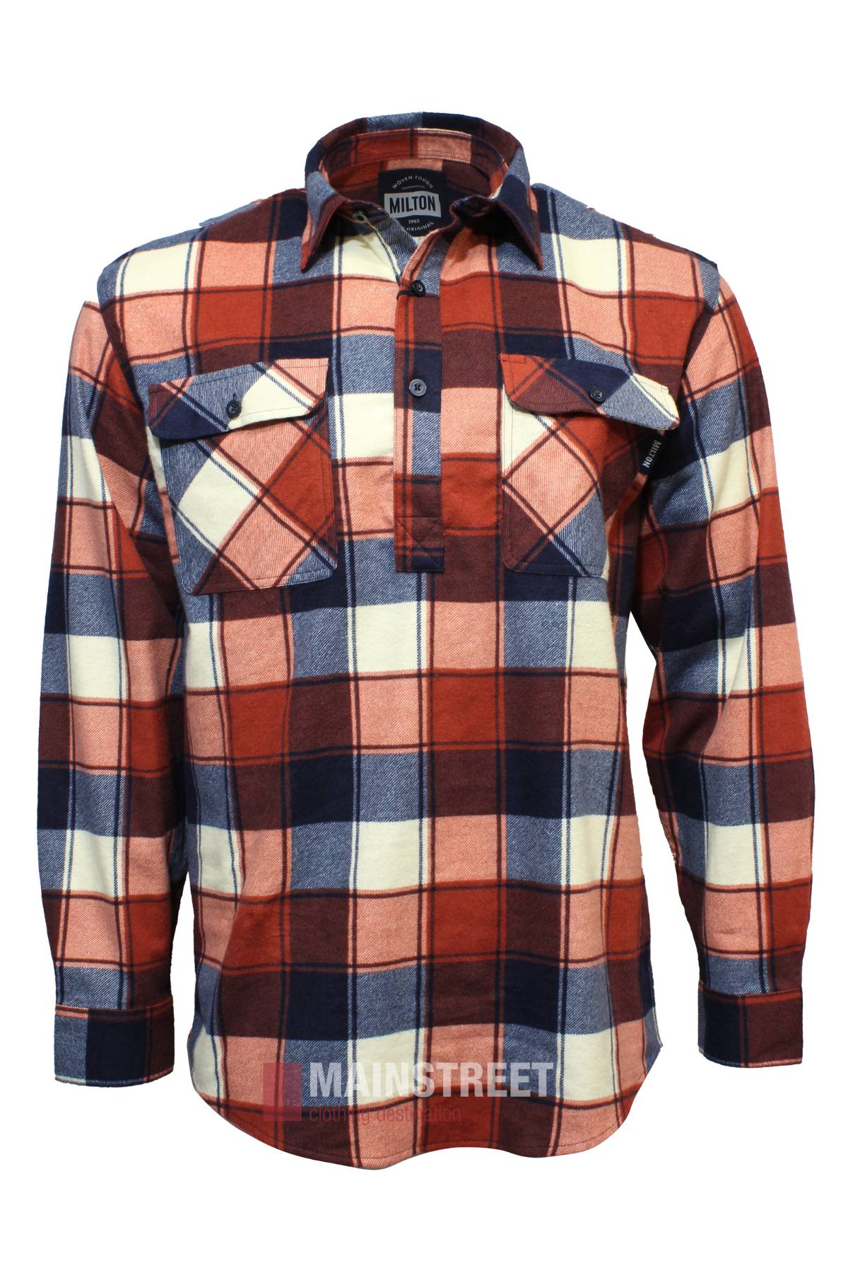 The Milton Closed Front Flannelette Shirt is a high-quality cotton, long-sleeve, button-up with a red, navy blue, white, and tan plaid pattern, collar, double flap pockets, and a "MILTON" label inside the collar.