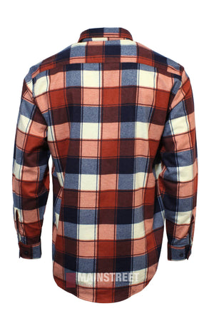 The Milton Closed Front Flannelette Shirt is shown from the back, featuring a red, navy blue, and cream plaid pattern, buttoned cuffs, relaxed fit, classic style, and high-quality cotton in a long-sleeved design.