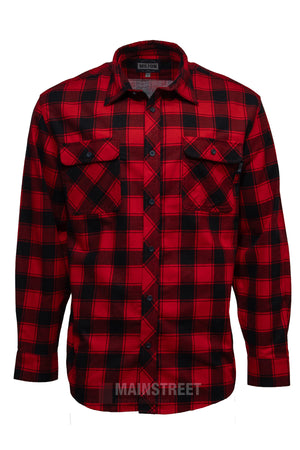 The Milton Open Front Flannelette Shirt features a red and black plaid pattern, long sleeves, button-down front, and double chest pockets. Made of cotton, it is shown against a white background.