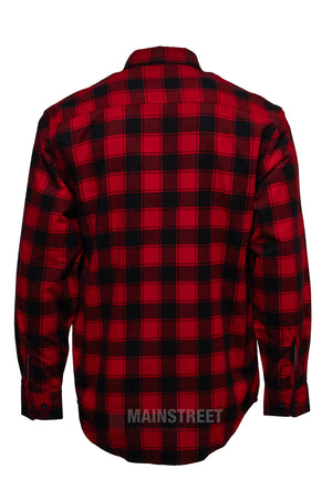 The Milton Open Front Flannelette Shirt in red and black plaid is shown from the back, featuring buttoned cuffs and a classic collar for timeless style.