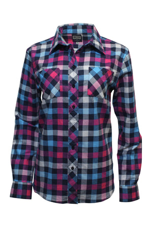 The Milton Ladies Flannelette Shirt is a long-sleeve, button-up shirt with a collar and two chest pockets, made from high-quality cotton in blue, pink, black, and white plaid. Available in ladies sizing.