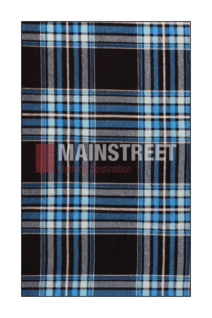 A blue, black, and white plaid pattern inspired by the Milton Closed Front Flannelette Shirt, featuring bold, semi-transparent "MAINSTREET" and "your destination" text across the center—evoking a classic double-pocket design.