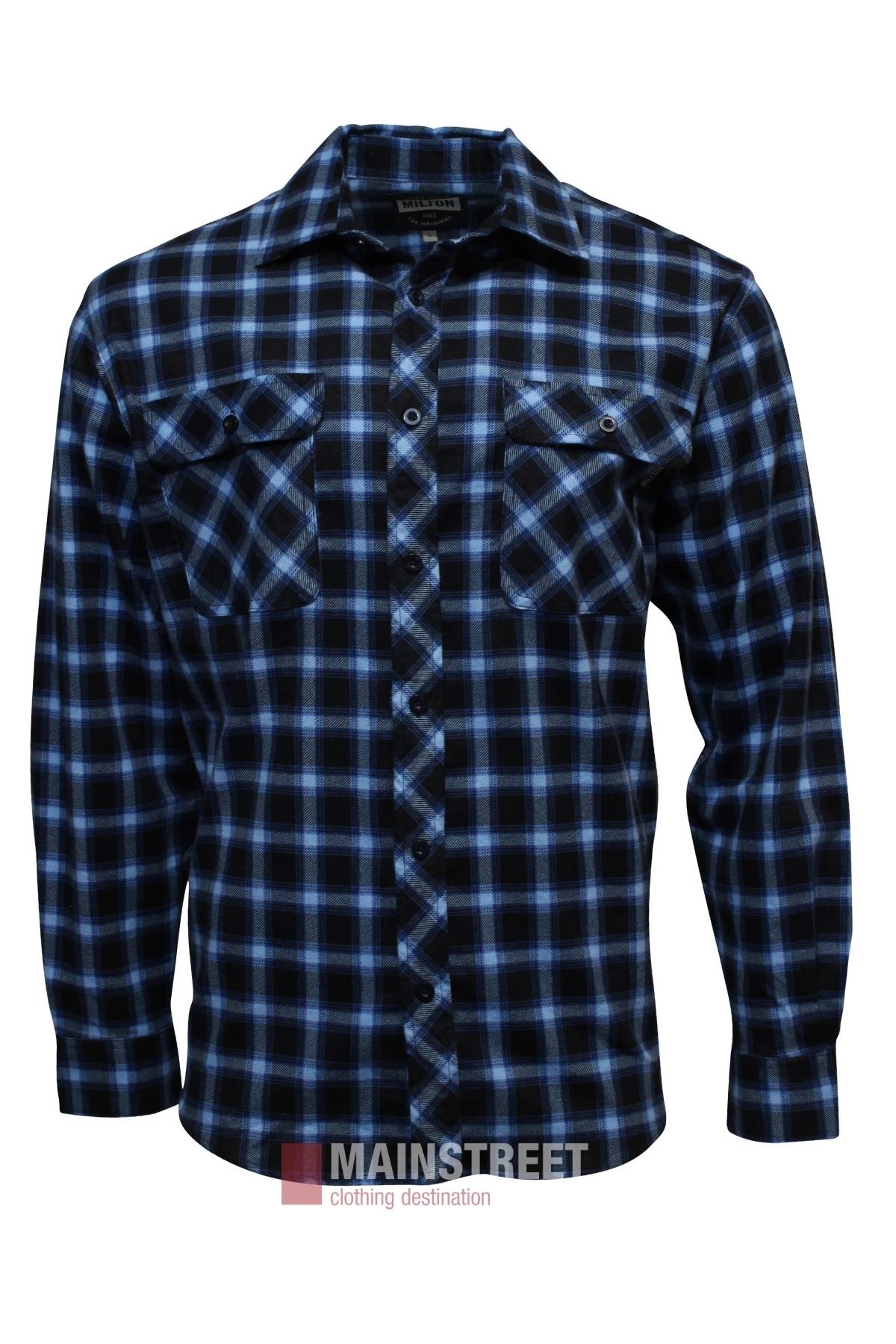 The Milton Open Front Flannelette Shirt features a blue and black plaid design, crafted from high-quality cotton with double flap pockets. Shown on a plain white background.