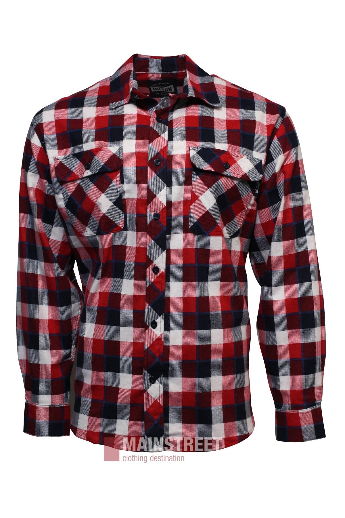 The Milton Open Front Flannelette Shirt features long sleeves, premium cotton, a red/black/white plaid pattern, and two chest pockets with button flaps.