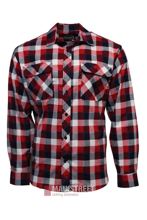 The Milton Open Front Flannelette Shirt features long sleeves, premium cotton, a red/black/white plaid pattern, and two chest pockets with button flaps.