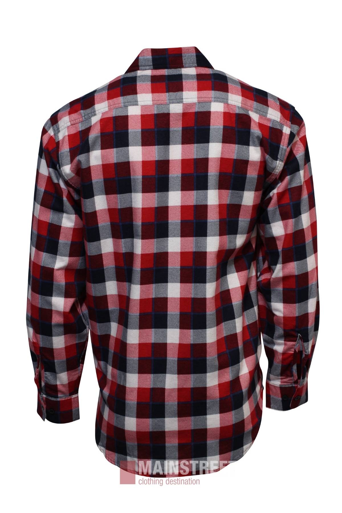 The Milton Open Front Flannelette Shirt features red, black, and white checks, buttoned cuffs, a straight hem, and is made from high-quality cotton. Shown from the back.