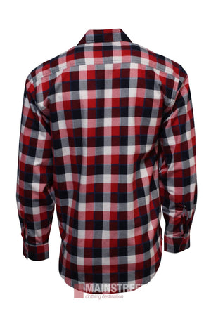 The Milton Open Front Flannelette Shirt features red, black, and white checks, buttoned cuffs, a straight hem, and is made from high-quality cotton. Shown from the back.