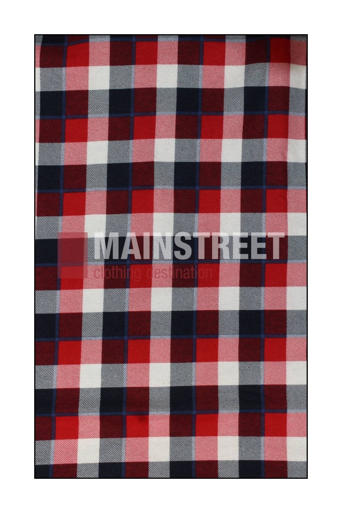 The Milton Open Front Flannelette Shirt features a red, white, and navy blue checkered pattern with "MAINSTREET clothing destination" printed in white—crafted from 100% cotton flannelette for comfort and style.