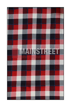 The Milton Open Front Flannelette Shirt features a red, white, and navy blue checkered pattern with "MAINSTREET clothing destination" printed in white—crafted from 100% cotton flannelette for comfort and style.