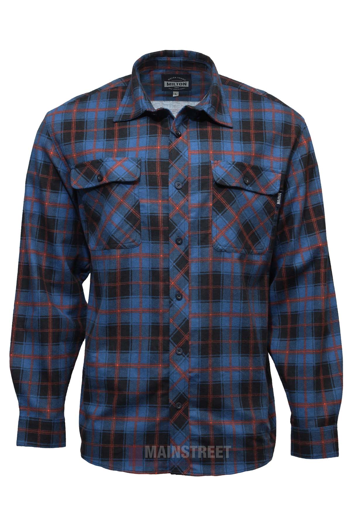 The Milton Open Front Flannelette Shirt is a premium cotton shirt in blue, black, and red plaid with double chest pockets featuring button flaps.