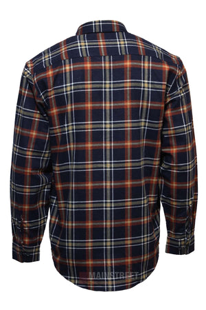 The Milton Open Front Flannelette Shirt is a high-quality cotton, long-sleeved shirt with a navy blue, white, yellow, and red plaid pattern, button-up style, shown from the back.