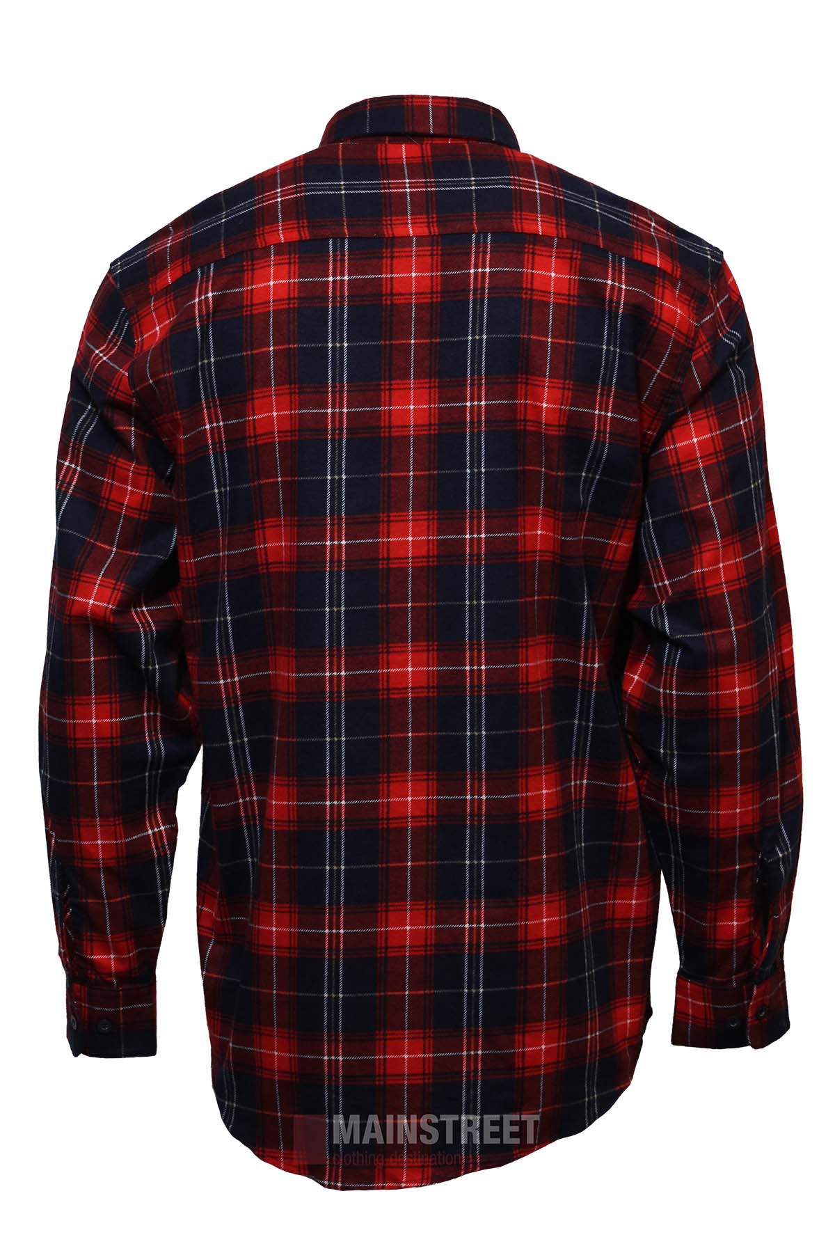 The Milton Open Front Flannelette Shirt is a long-sleeved, high-quality cotton shirt with a red, black, and white plaid pattern, shown from the back against a white background.