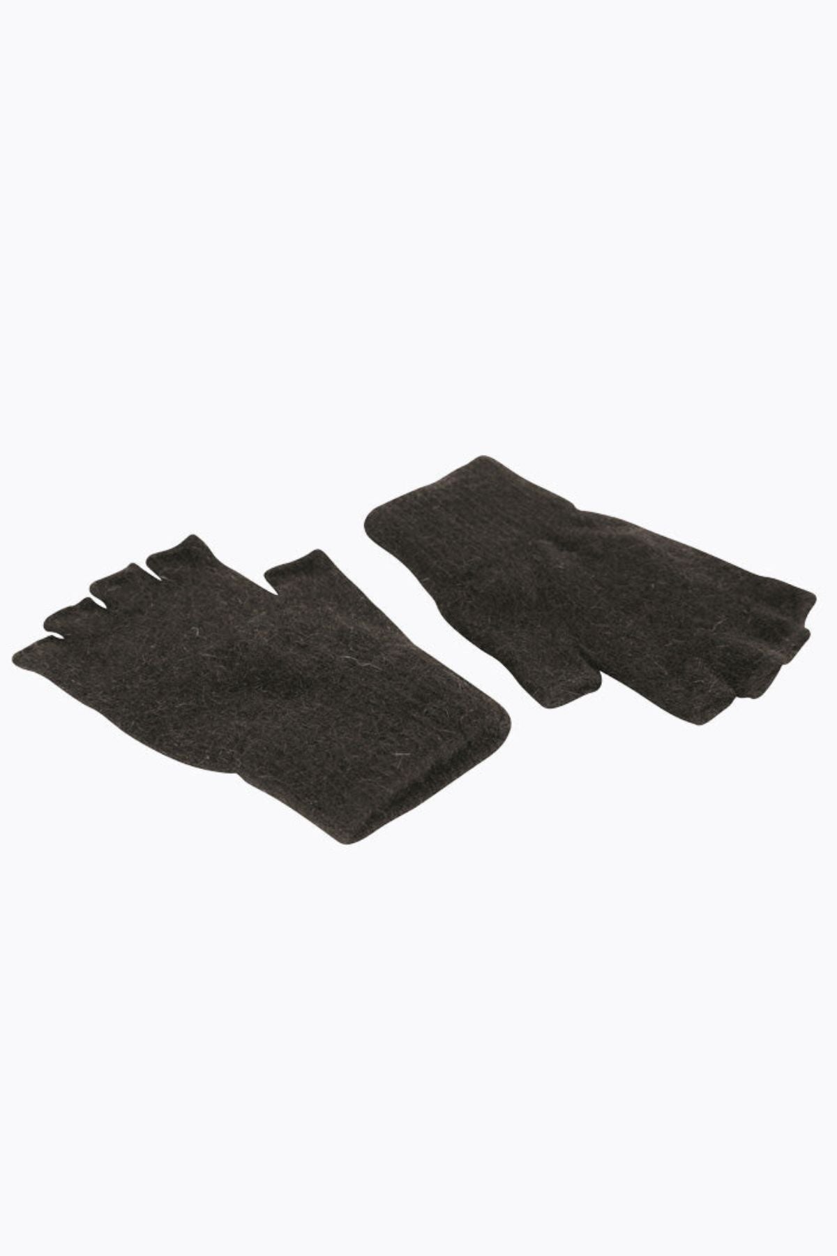 A pair of MKM Possum Merino Fingerless Gloves in black, made in New Zealand, laid flat on a white background.