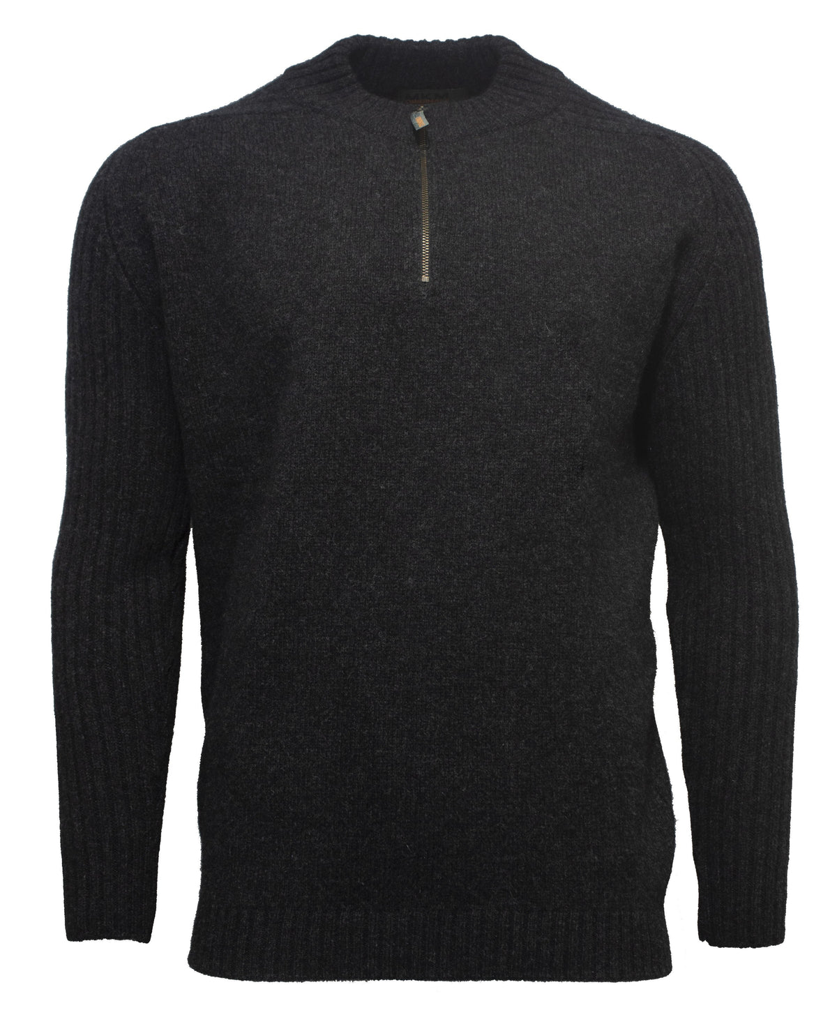 The MKM Mount Possum Wool 1/2 Zip Knit is a dark gray, long-sleeved sweater featuring a ribbed texture. Made from Merino wool, it boasts a high collar with a short, central zipper extending down from the neckline, adding a casual element to the design. Made in New Zealand, this comfortable jumper has a fitted yet cozy appearance.