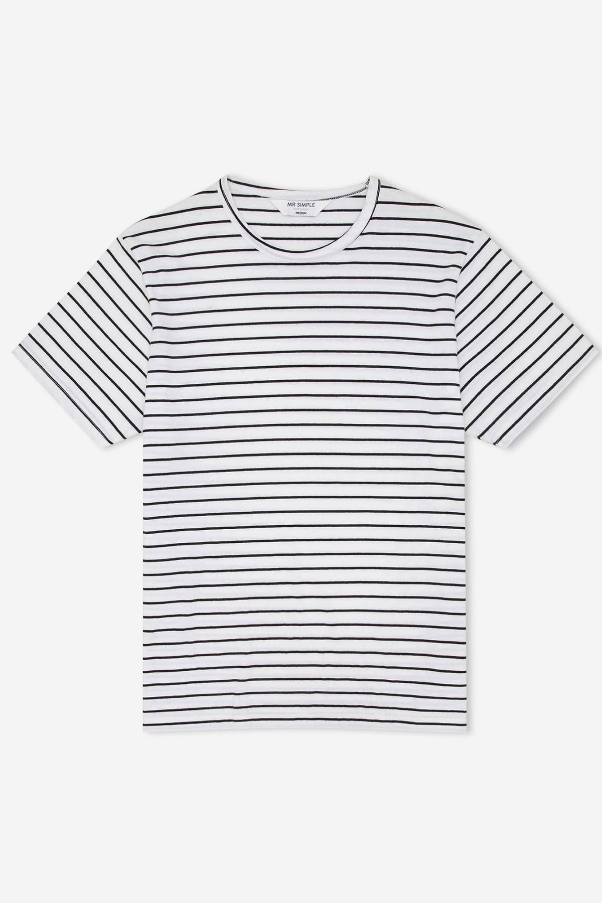The Mr Simple Breton Stripe Tee is a short-sleeved, crew neck shirt made from 100% organic cotton. It features a classic design with evenly spaced narrow horizontal black and white stripes. The tag at the neck is visible but unreadable.