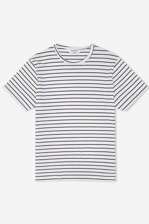 The Mr Simple Breton Stripe Tee is a short-sleeved, crew neck shirt made from 100% organic cotton. It features a classic design with evenly spaced narrow horizontal black and white stripes. The tag at the neck is visible but unreadable.