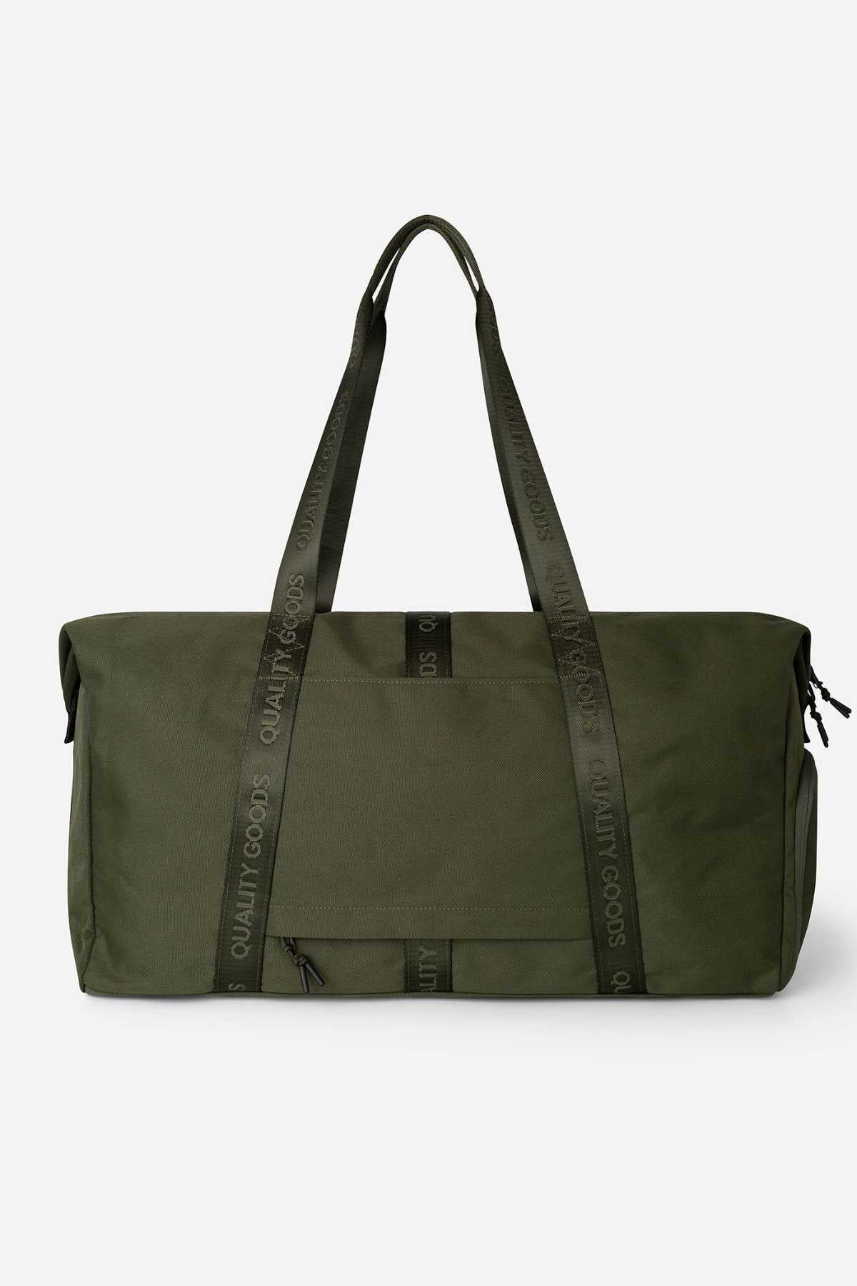 The Mr Simple Nelson Duffle is a spacious olive green bag with double handles and a front pocket. It features black straps with "QUALITY GOODS," blending style and functionality effortlessly.