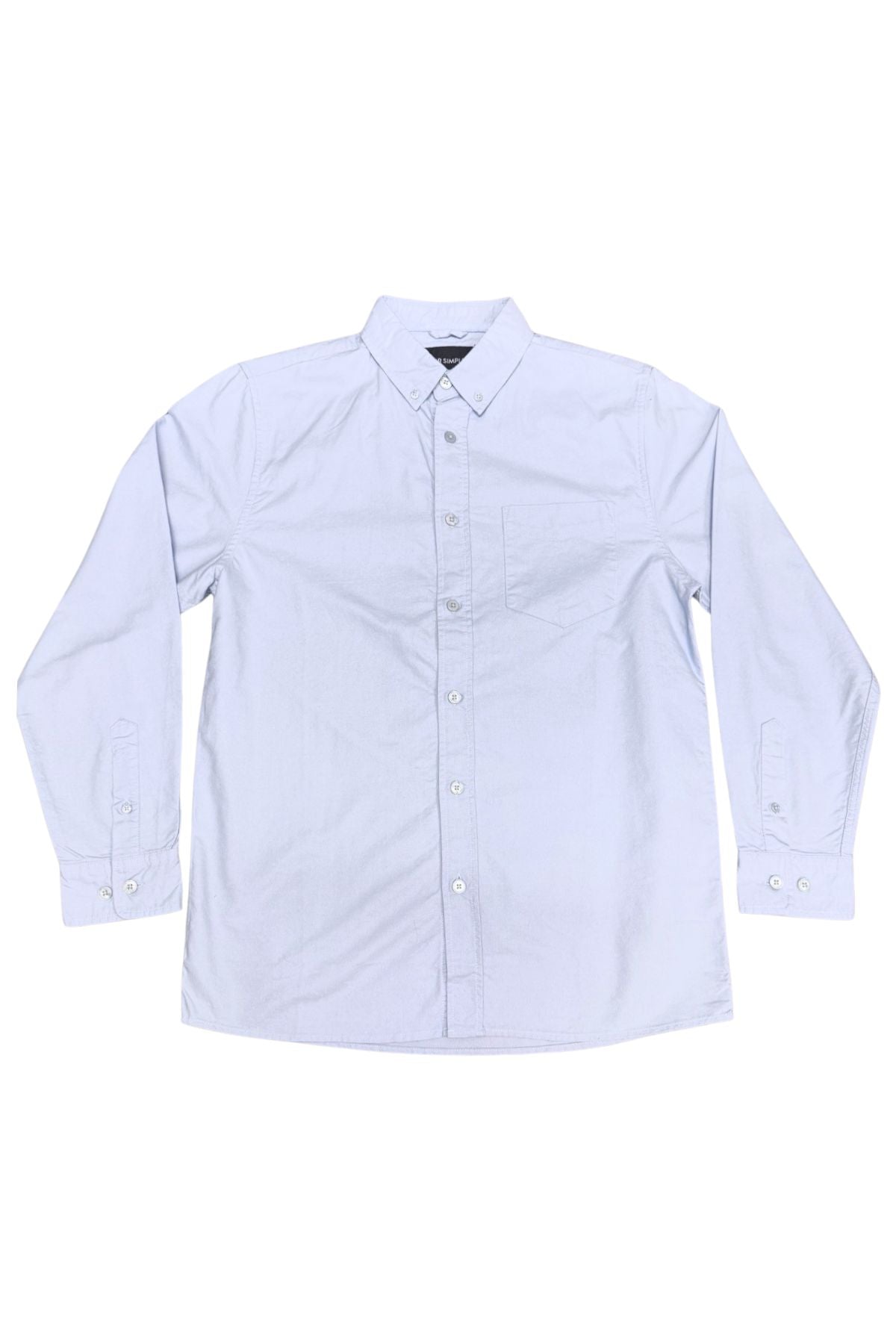 The Mr Simple Oxford Shirt is a light blue, long-sleeve shirt made from 100% cotton, featuring a front chest pocket and buttoned cuffs, displayed flat on a white background.