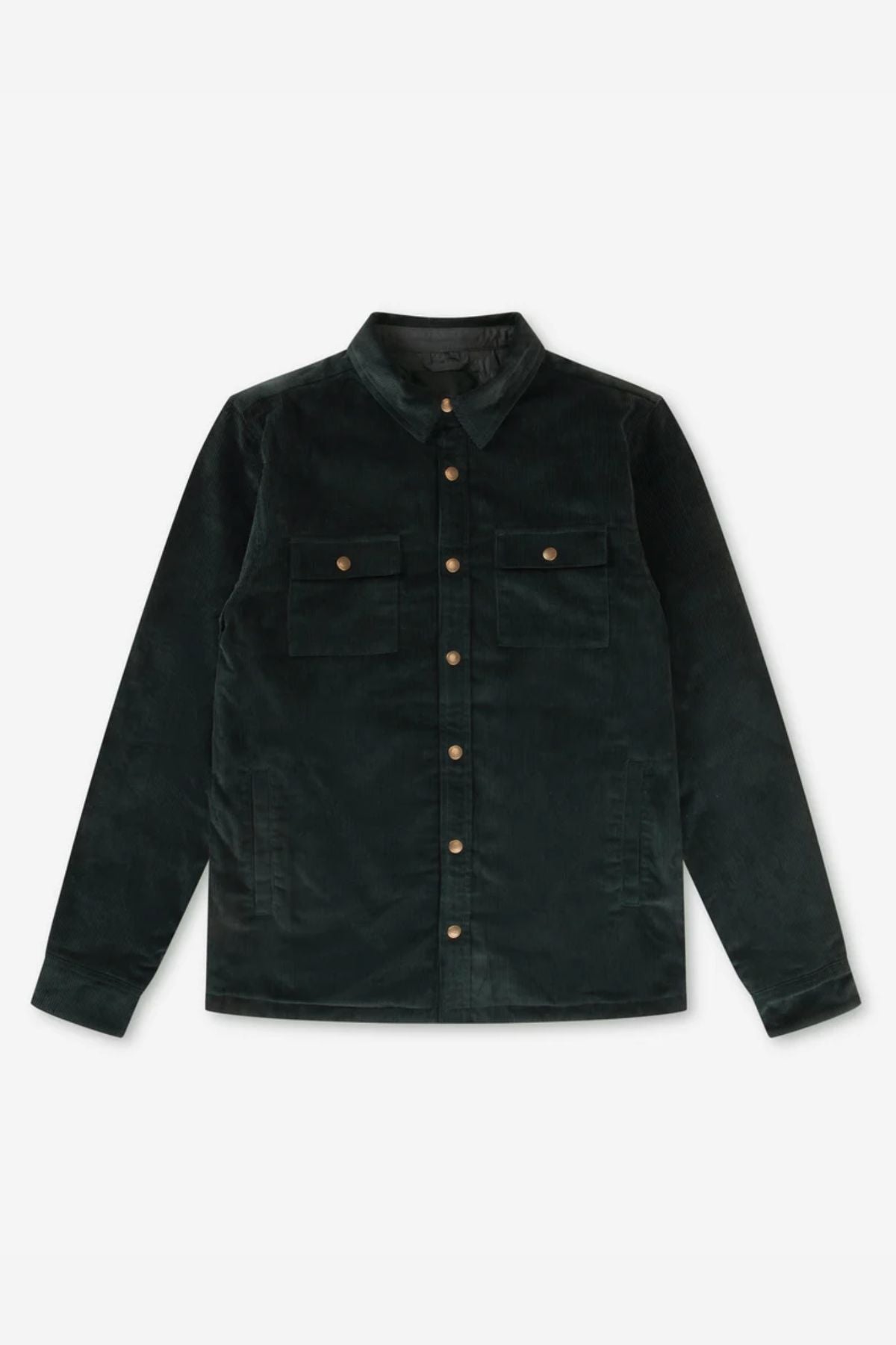 The Mr Simple Quilted Cord Jacket in dark green cotton corduroy features long sleeves, a classic collar, and two snap-closure chest pockets, shown laid flat on a white background.
