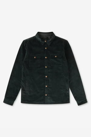 The Mr Simple Quilted Cord Jacket in dark green cotton corduroy features long sleeves, a classic collar, and two snap-closure chest pockets, shown laid flat on a white background.