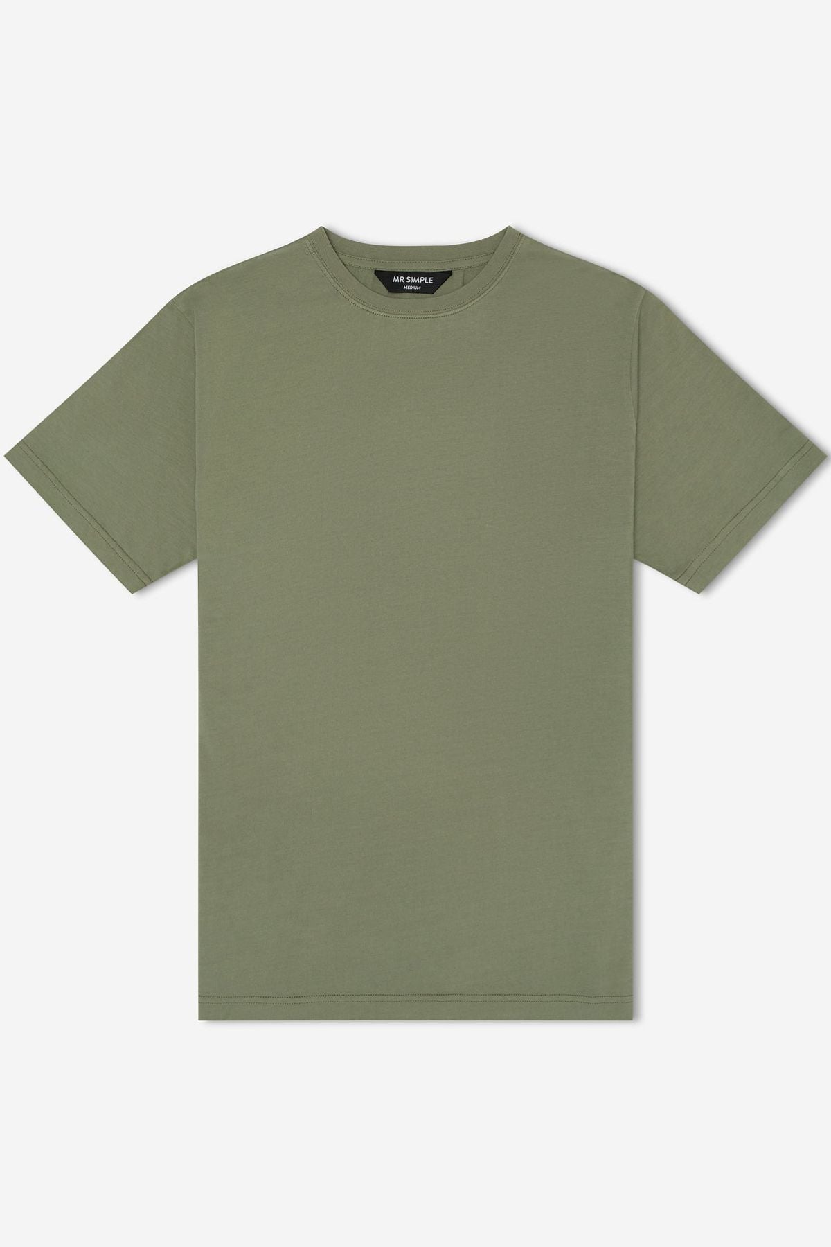 The Mr Simple Reginald Organic Tee is a plain olive-green short-sleeve T-shirt with a crew neck, crafted from organic cotton. It boasts a minimalist design and smooth fabric, offering a sustainable fit. Displayed against a white background, it includes a small black label at the inside back of the neckline.