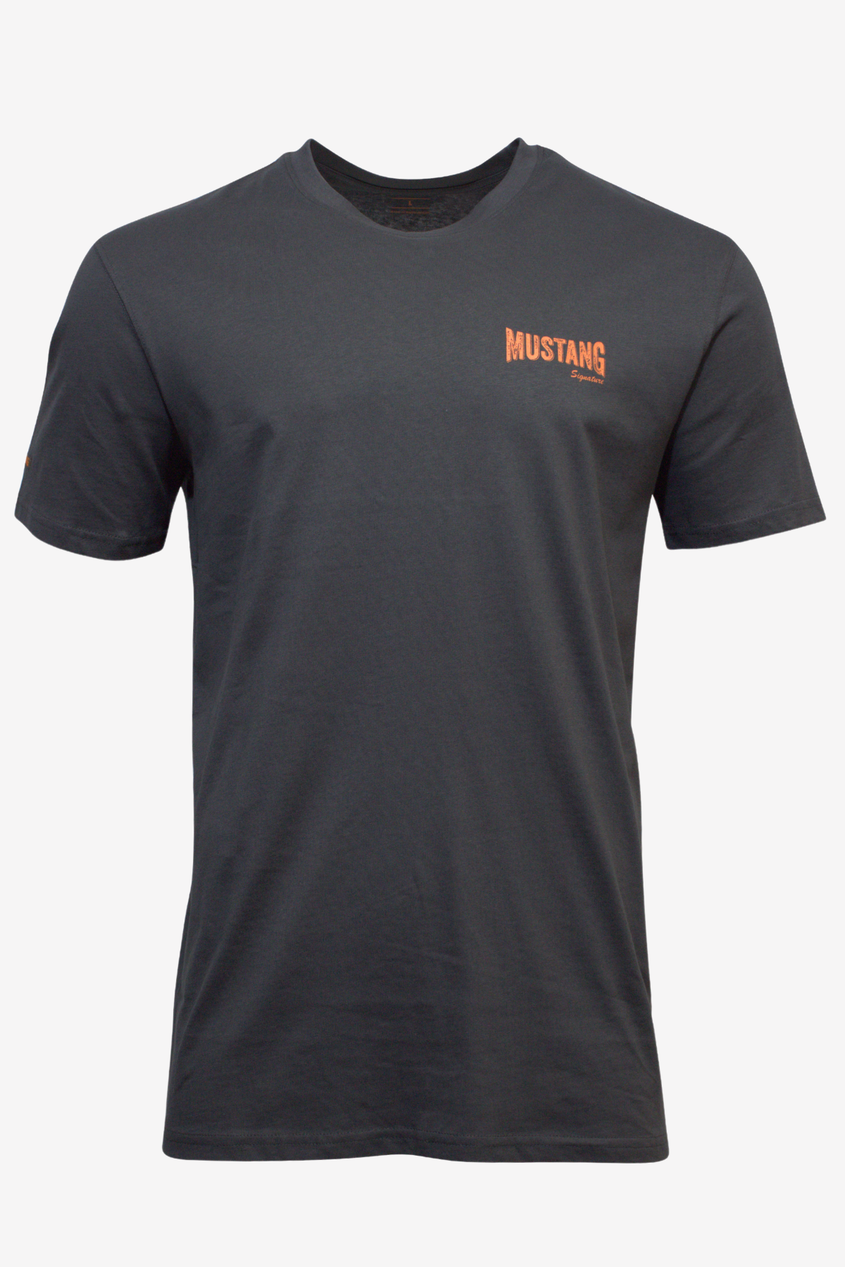 The Mustang Outback Tee is a short sleeve, plain dark gray shirt with "MUSTANG" in small orange letters on the upper left chest, crafted from 100% cotton for lasting comfort and durability.