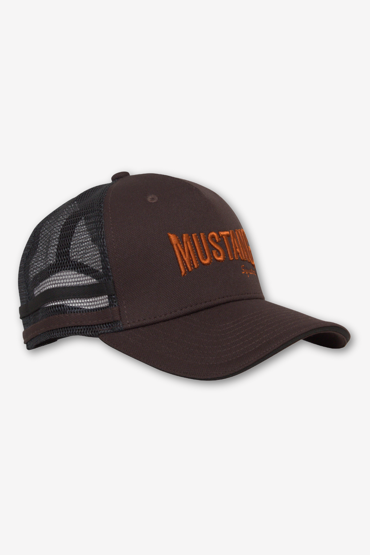 The Mustang Trucker Cap is a dark brown hat featuring "Mustang" embroidered in orange on the front. It includes a black mesh back, a curved brim, and a striped pattern on the sides of the mesh. For an adjustable fit, it comes with a snap back closure.