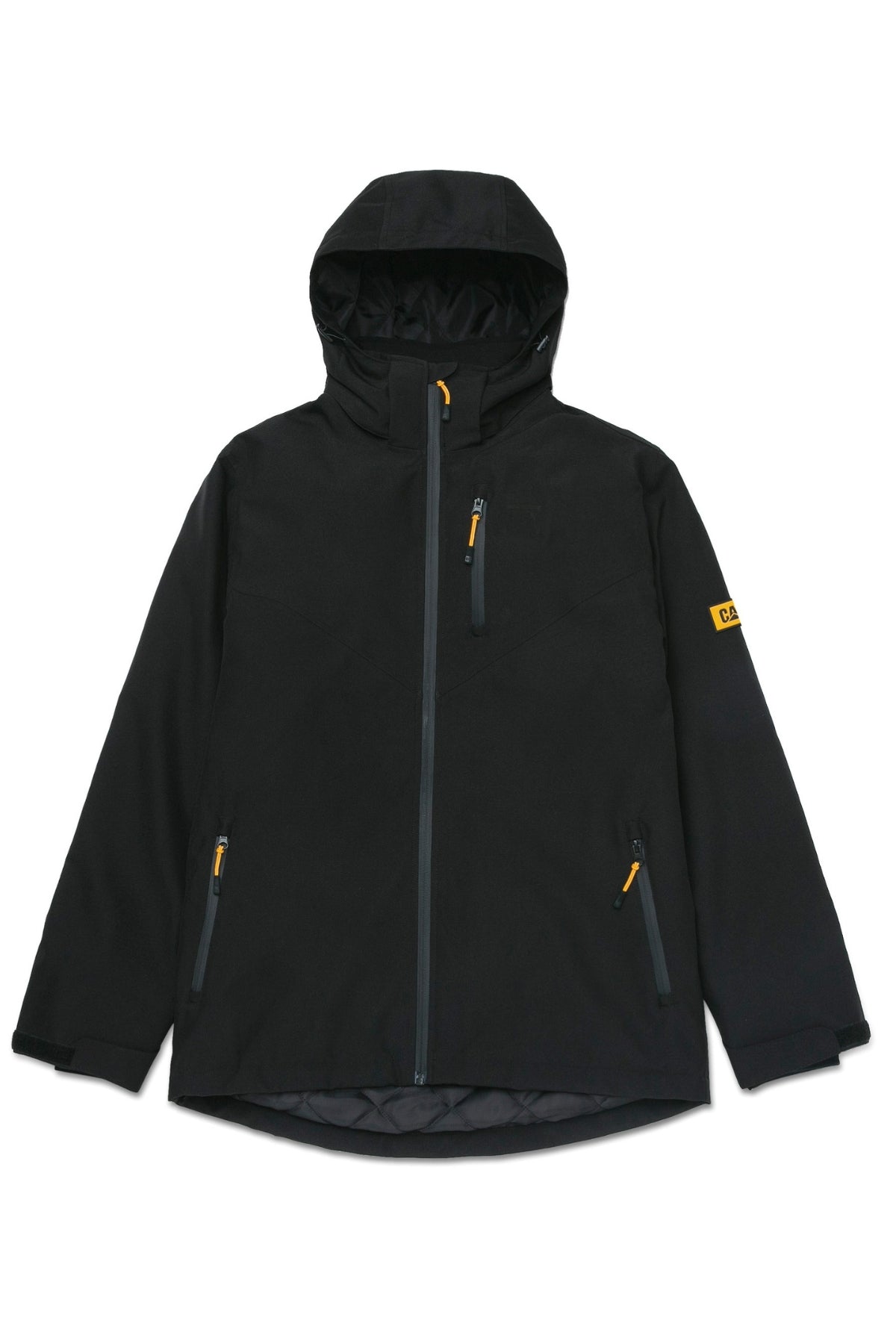 The CAT Lightweight Insulated Jacket is a black hooded winter jacket with a front zipper, two zippered side pockets, a zippered chest pocket, yellow zipper pulls, lightweight insulation, and a small yellow logo patch on the upper left sleeve.