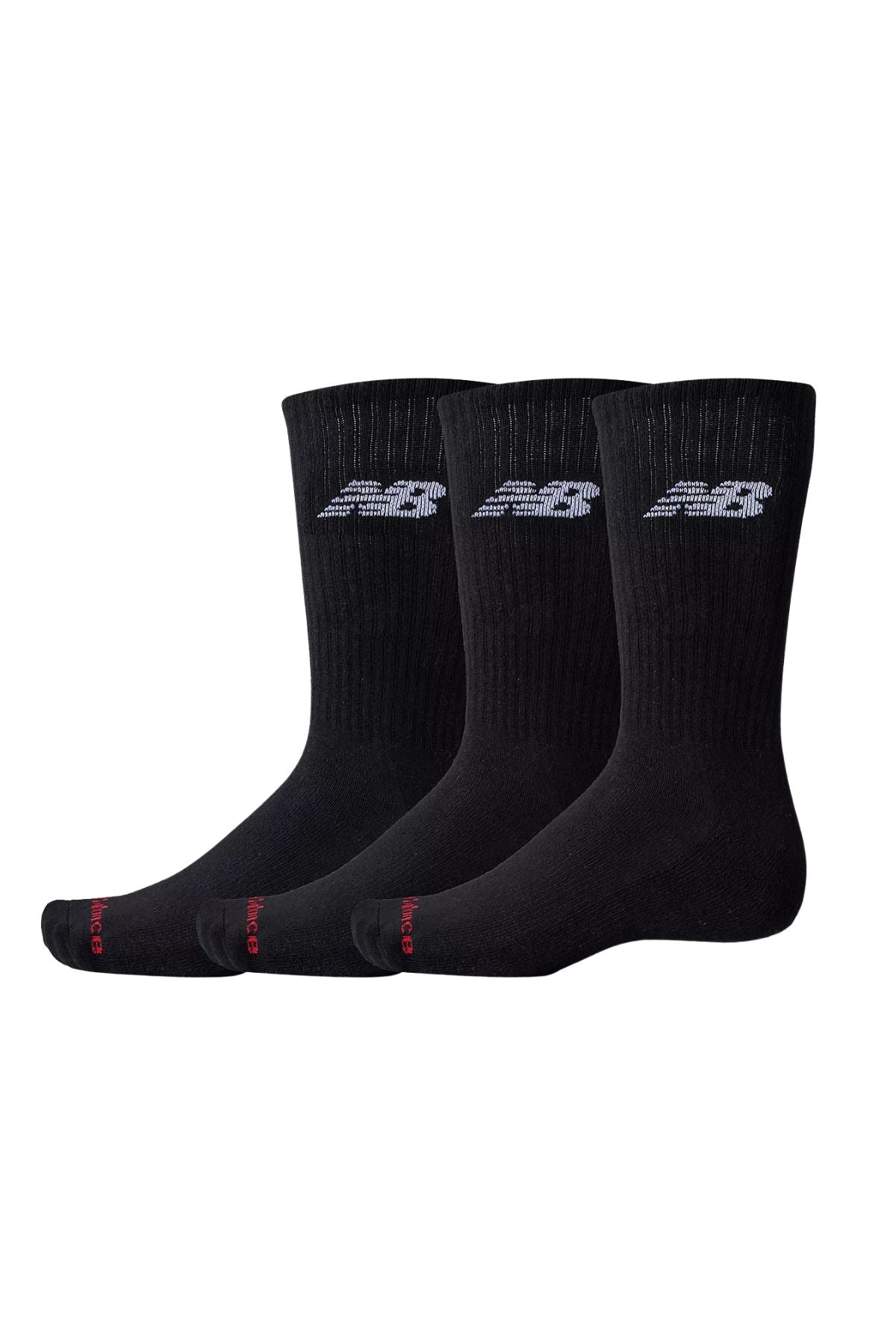 Three pairs of New Balance Everday Crew Socks 3pk with cushioned footbeds and NB DRY fast-drying technology, featuring a white logo near the top and red toe accents, are displayed side by side on a white background.