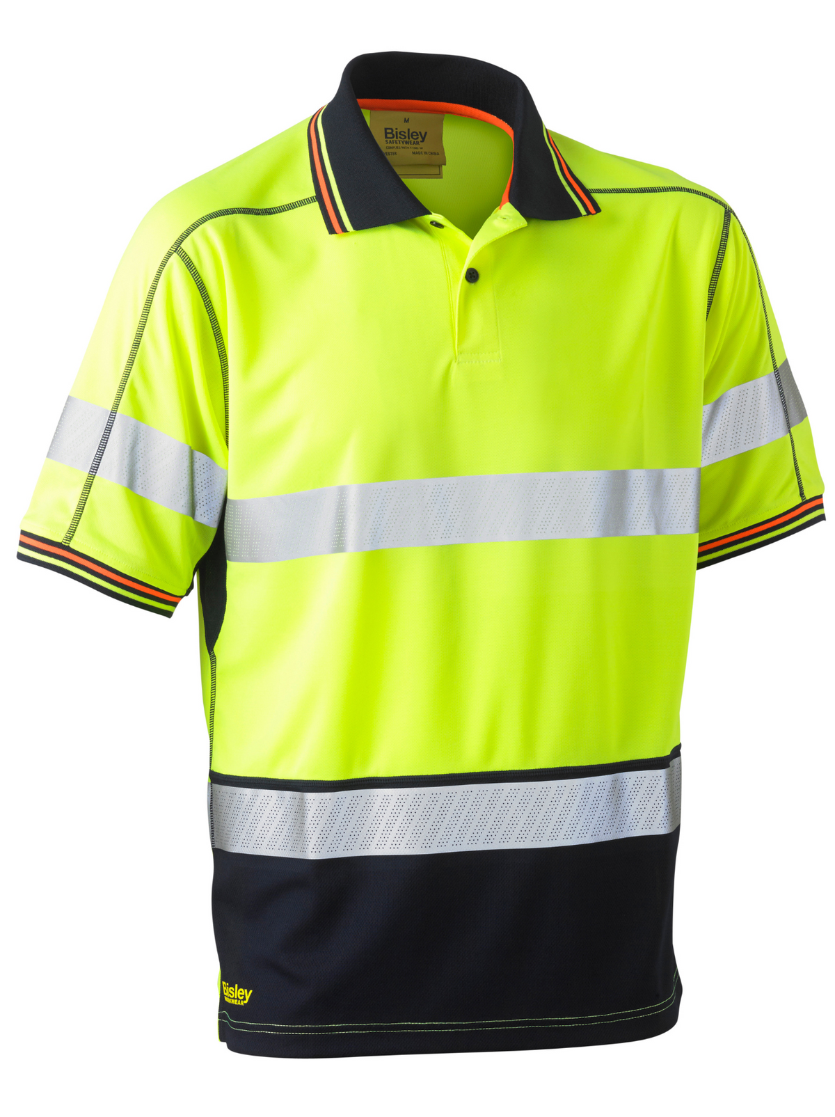 The Bisley Hi Vis Taped Mesh Polo is a bright yellow-green safety shirt with breathable mesh fabric, reflective tapes across the chest and sleeves, a black collar, and a contrasting dark lower section. It features short sleeves and a classic fit for added comfort.