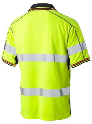 The Bisley Hi Vis Taped Mesh Polo offers breathable mesh comfort with reflective hoop stripes on the chest, back, and arms. Its vibrant yellow design features a black collar and short sleeves with stylish black and red accents.