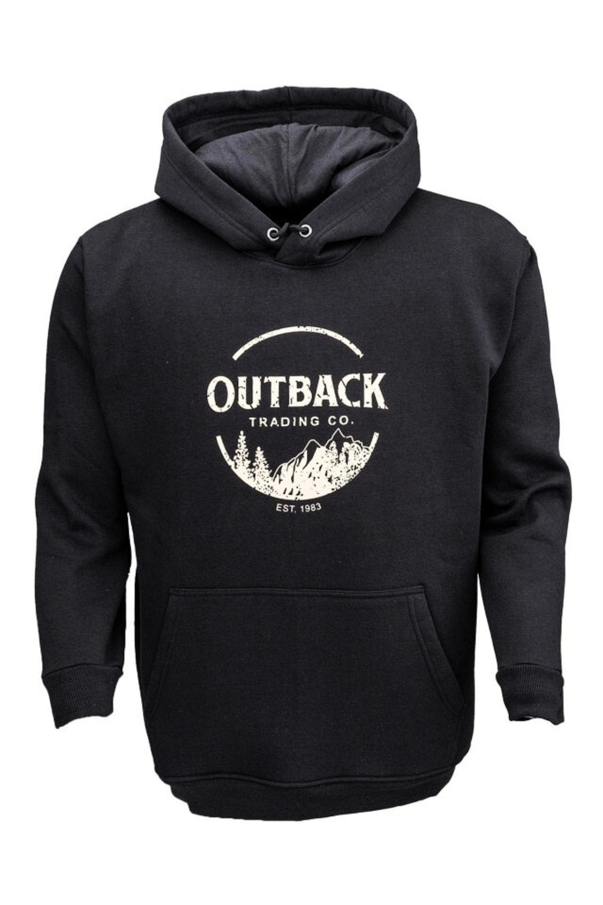The Outback Comfy Graphic Hoodie in black features a front pocket, hood, and a white circular "OUTBACK TRADING CO." logo with mountain and tree design screen printed on the front.