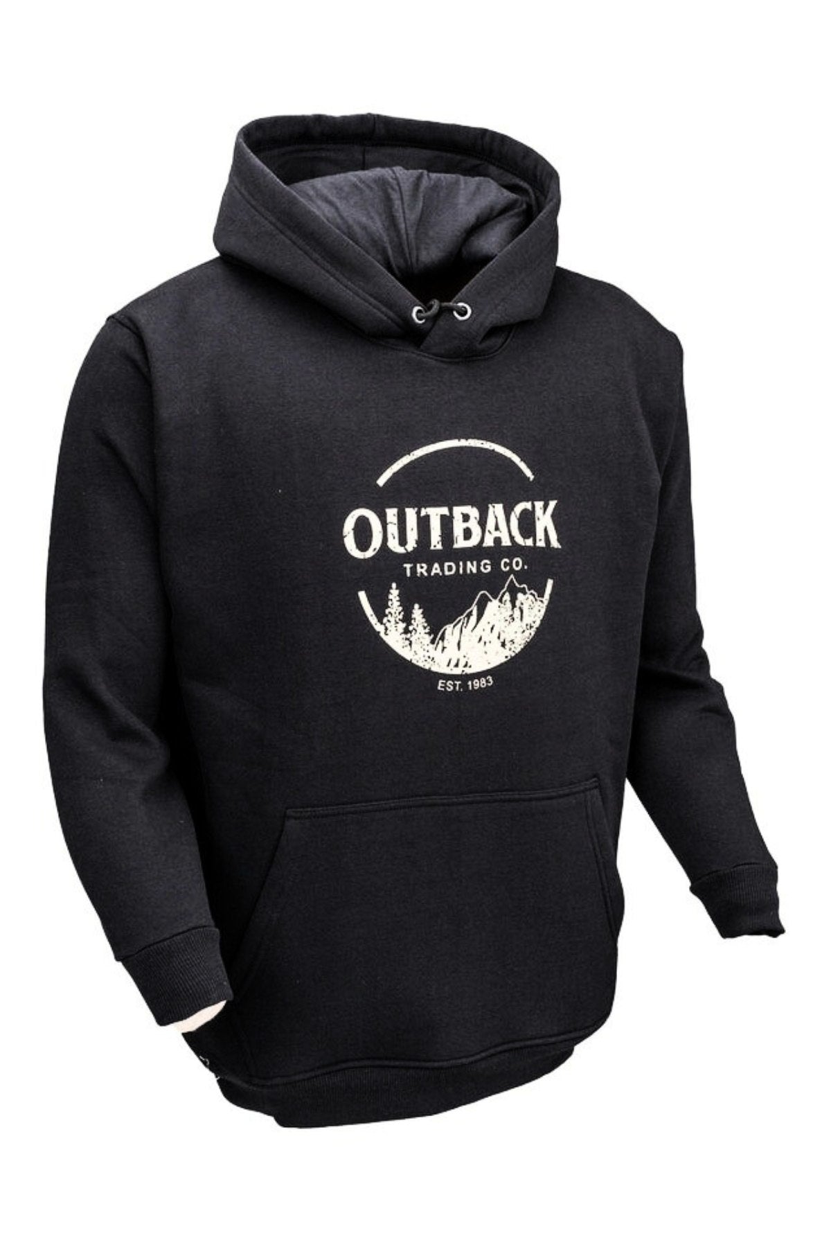 The Outback Comfy Graphic Hoodie features a black design with screen printed mountains, trees, the Outback Trading Co. logo, and "EST. 1983." Includes a front pouch pocket and rib knit crew neck for comfort.
