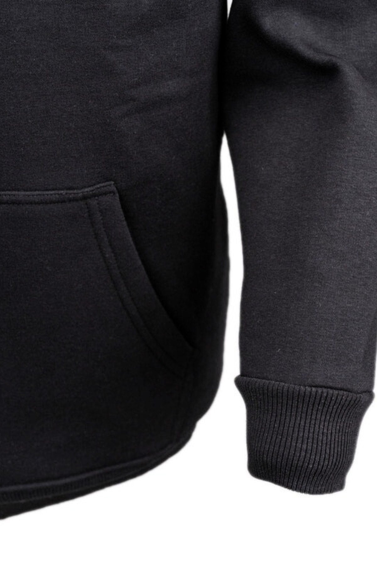 Close-up of the Outback Comfy Graphic Hoodie, showing the lower pocket, a ribbed sleeve cuff, and part of its screen-printed graphic design on a white background.