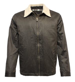 Description: The Outback Heritage Jacket, crafted from a robust Cotton/Polyester blend, showcases a dark brown zip-up front adorned with a light-colored faux shearling collar. Its interior features an elegant plaid pattern lining, complete with side pockets that blend style and practicality.