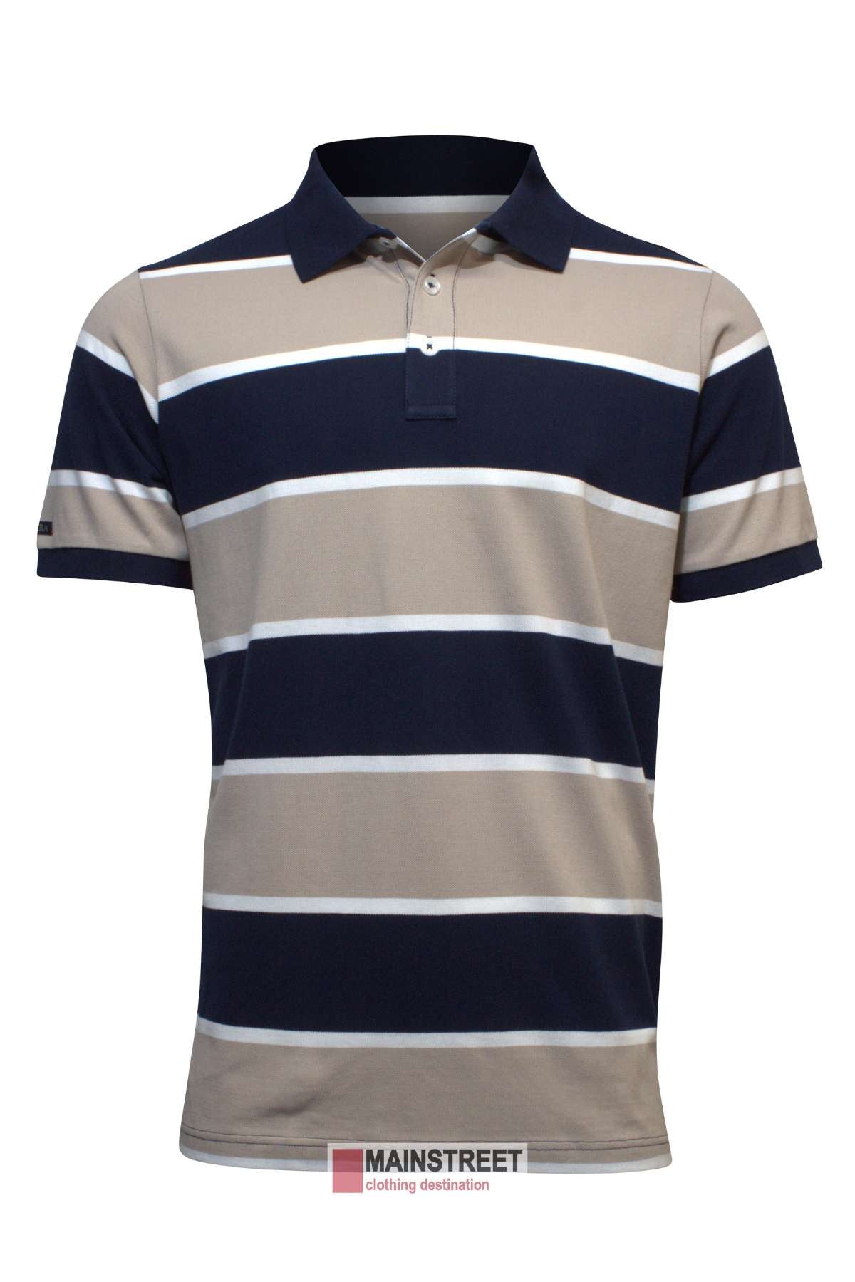 The Pilbara Striped Polo is a short-sleeved, collared shirt featuring horizontal stripes in beige, navy blue, and white. It has a buttoned placket and is displayed on a plain white background with the word "MAINSTREET" appearing boldly under the shirt.