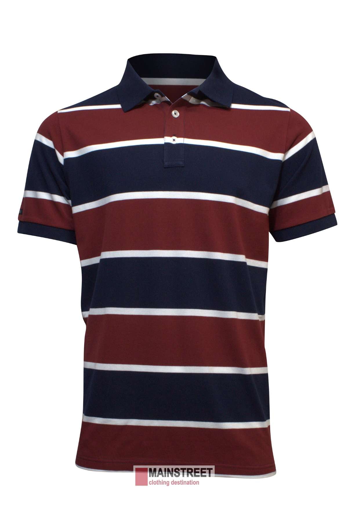 Introducing the Pilbara Striped Polo: a men's polo shirt with short sleeves, showcasing horizontal stripes in maroon, white, and navy blue. This stylish shirt features a classic collar and a three-button placket. The label "MAINSTREET clothing destination" is subtly visible at the bottom of the image.