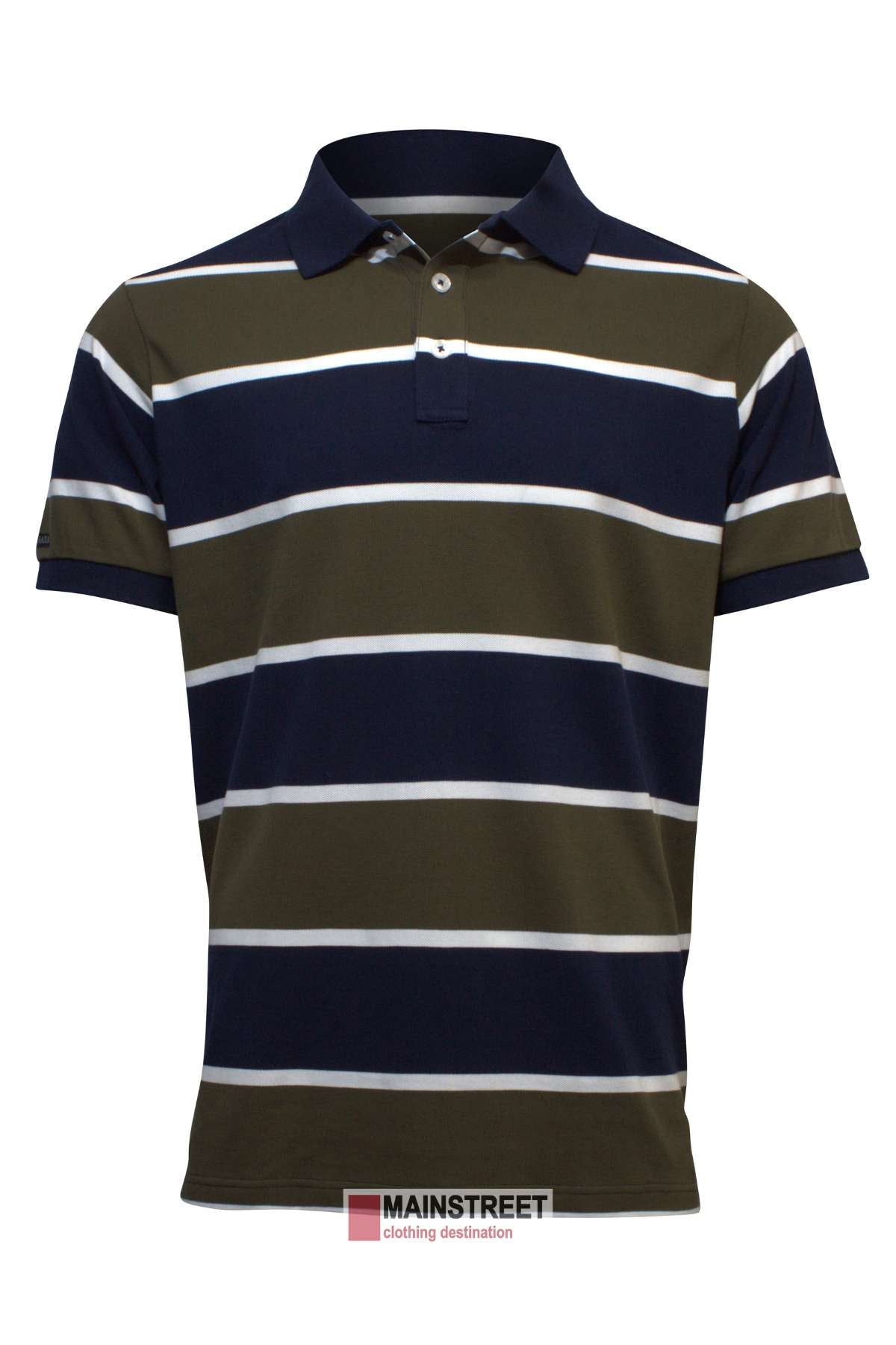 The Pilbara Striped Polo is a short-sleeve shirt featuring horizontal stripes in navy blue, white, and olive green. It boasts a classic collar and a two-button placket. The brand logo "Mainstreet Clothing Destination" is prominently displayed at the bottom center of the image.