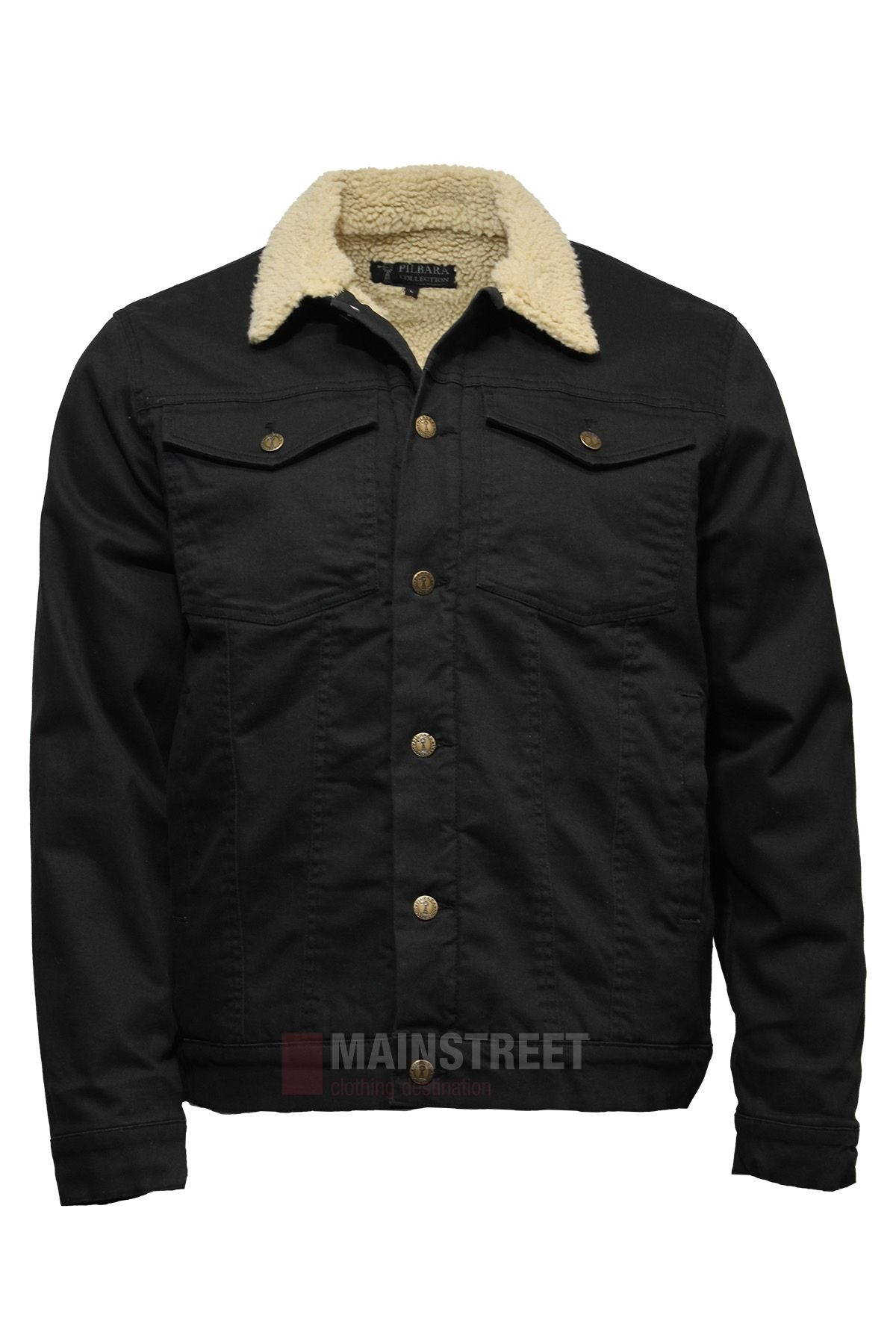 The Pilbara Canvas Sherpa Lined Jacket features a cozy sherpa collar, button closure, and two chest flap pockets—perfect for chilly days and outdoor adventures.