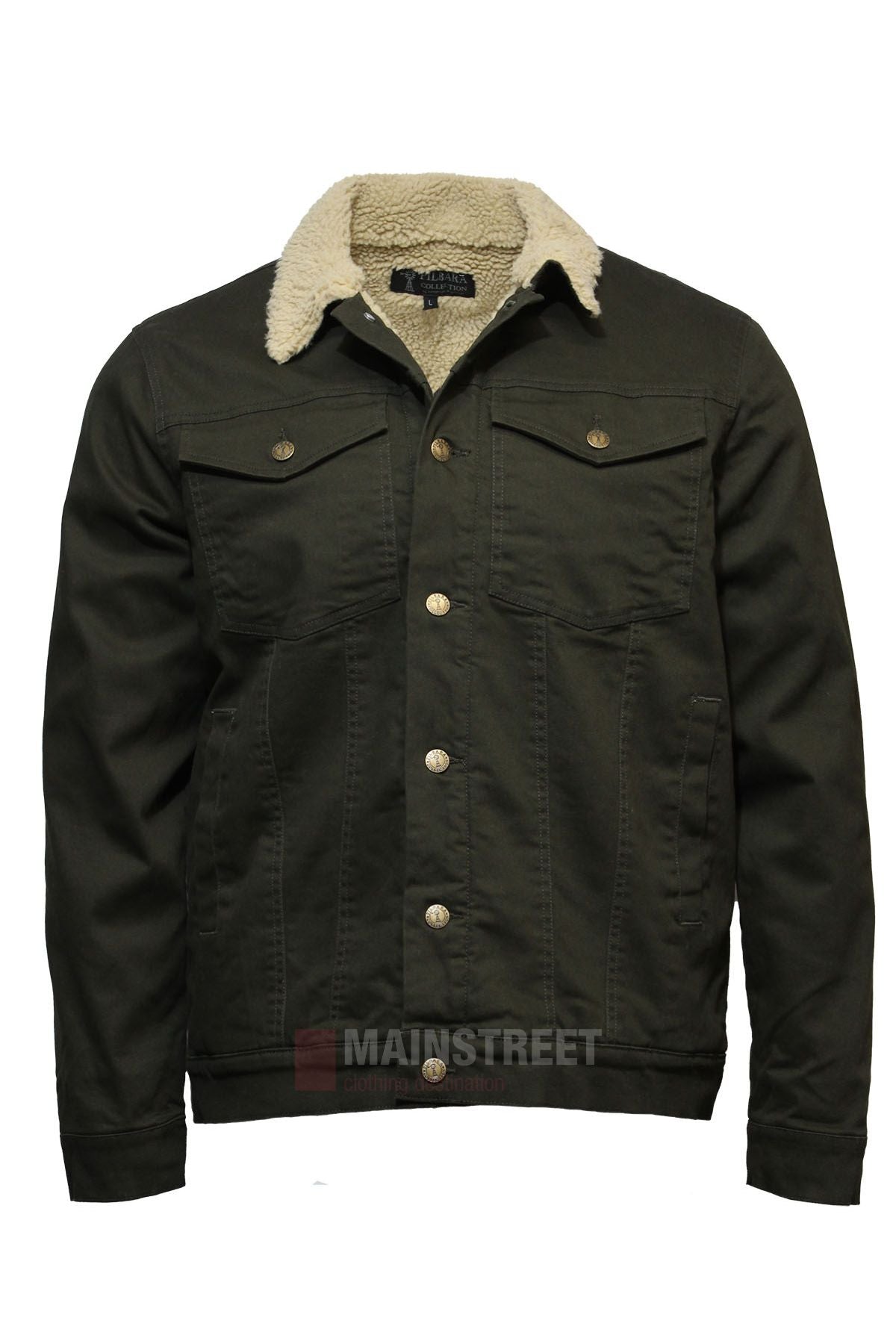 The Pilbara Canvas Sherpa Lined Jacket in dark olive features a cream sherpa collar, button front, two chest flap pockets, and vertical side pockets—ideal for winter—shown on a white background.