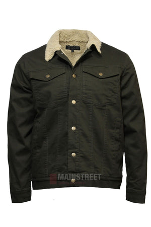 The Pilbara Canvas Sherpa Lined Jacket in dark olive features a cream sherpa collar, button front, two chest flap pockets, and vertical side pockets—ideal for winter—shown on a white background.