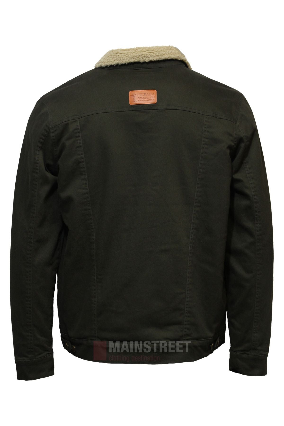 The Pilbara Canvas Sherpa Lined Jacket, shown from the back, features a black denim look with a light brown shearling collar, small brown leather patch on the upper back, adjustable waist buttons, and warm sherpa lining.