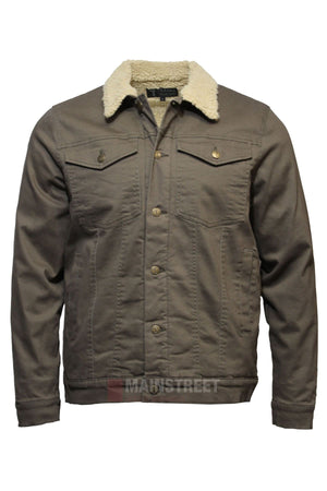 The Pilbara Canvas Sherpa Lined Jacket, shown in brown with a cream sherpa collar, buttoned front, chest flap pockets, and side pockets—ideal for winter warmth—is displayed against a white background.