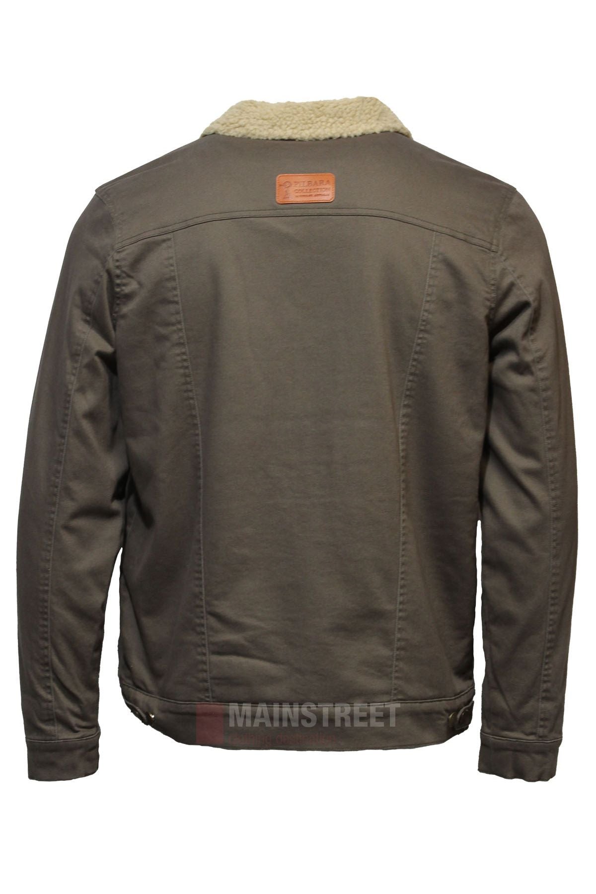 A back view of the Pilbara Canvas Sherpa Lined Jacket in khaki, showcasing long sleeves, a sherpa collar, brown leather patch on the upper back, detailed seams, and buttoned cuffs—ideal for winter warmth.
