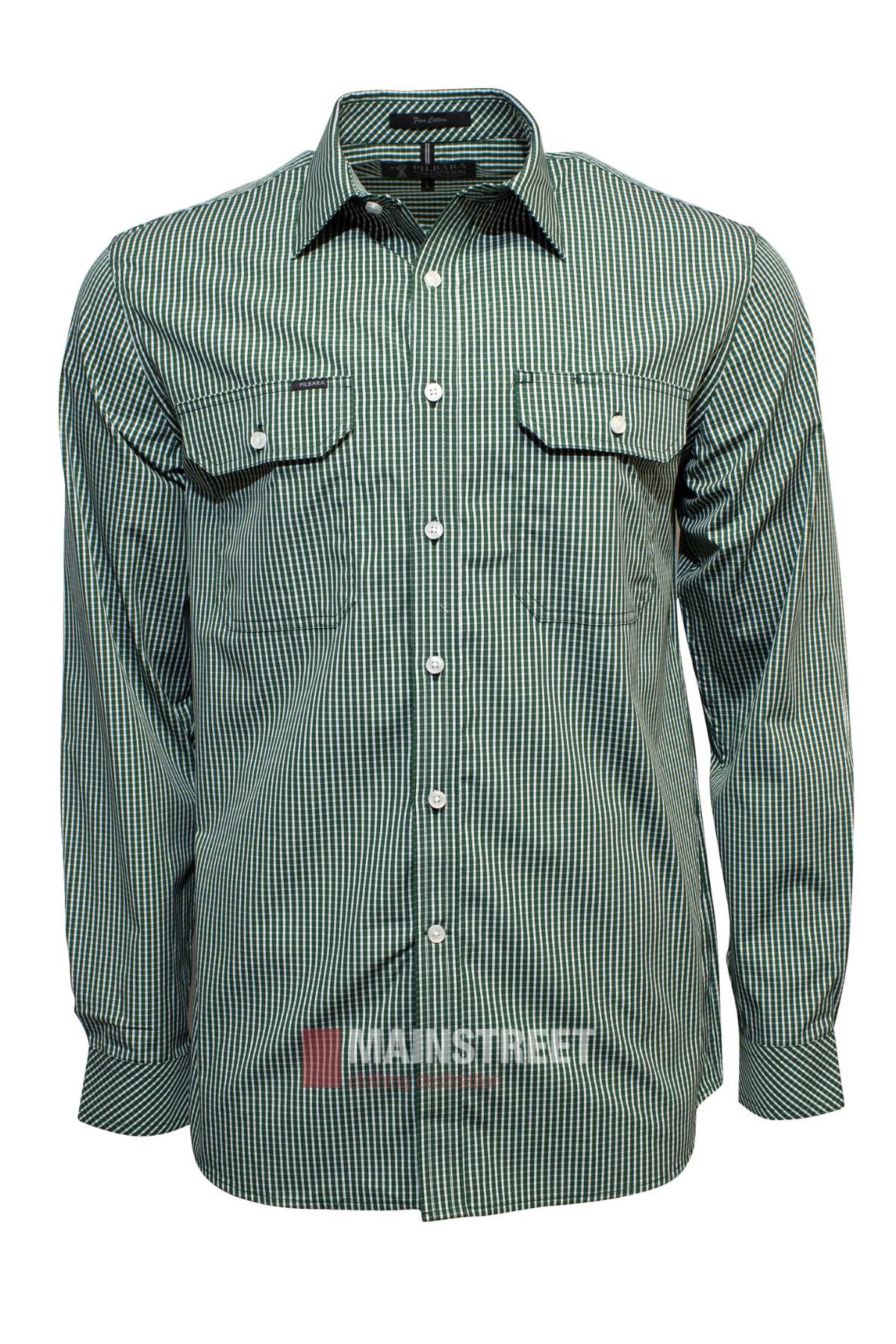 The Pilbara Check Double Pocket Shirt in green and white checks, made from 100% cotton with two button-flap chest pockets, is shown on a plain white background.